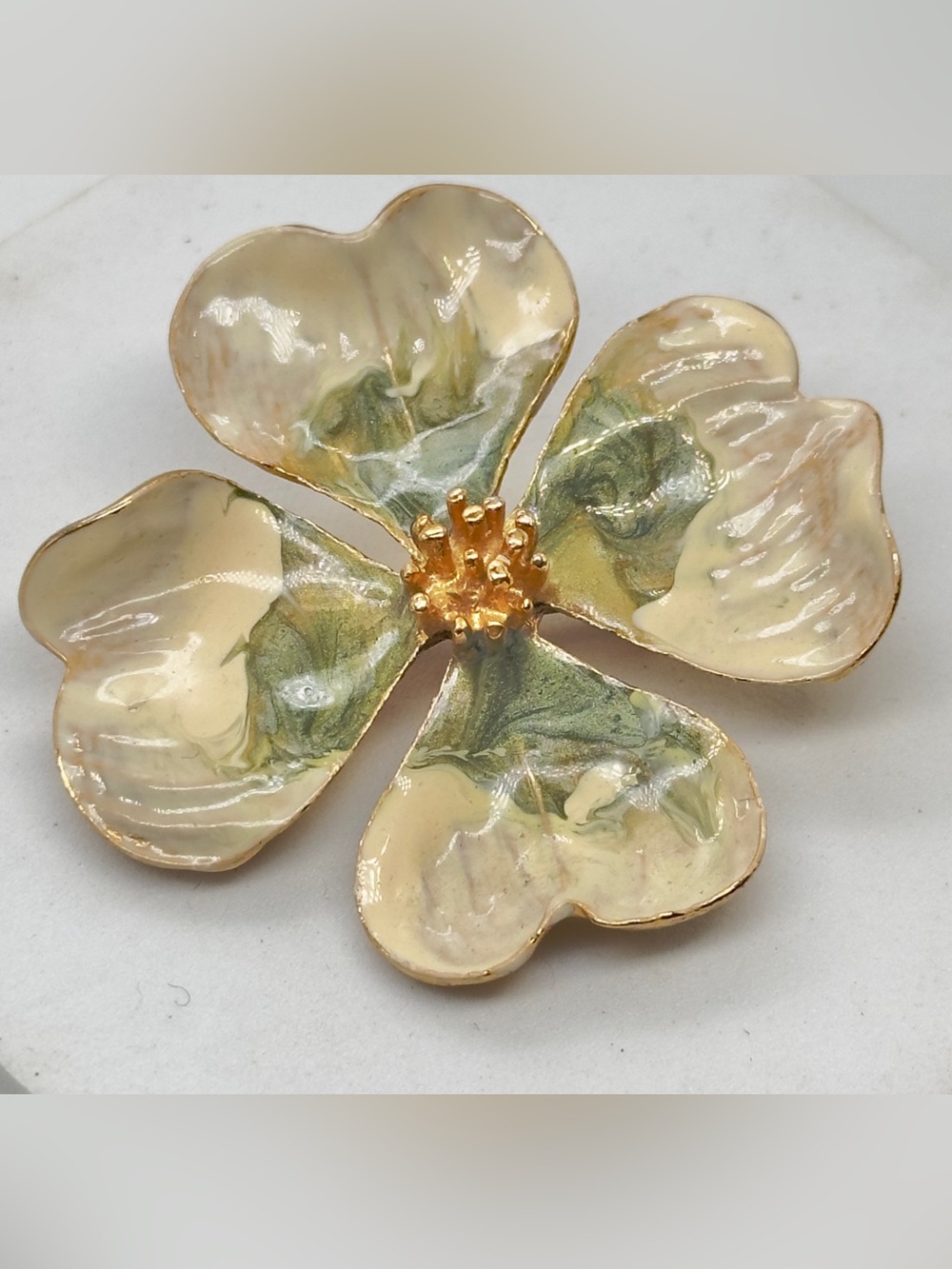 Vintage Gold Tone Enamel Dogwood Flower Brooch Pin Green White Floral Figural